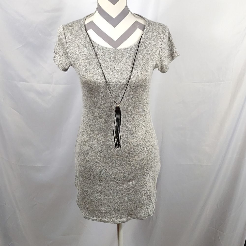 Pinc Gray Knit Dress with Faux Leather & Gold Necklace.